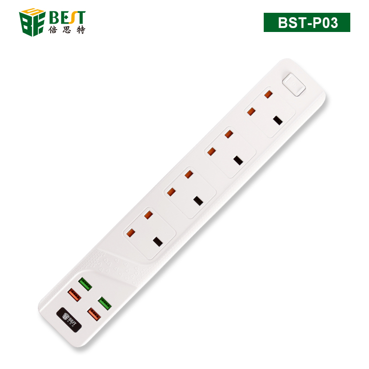 BST-P03 多功能英规排插 4位英规插口带4位USB输出口（英规插头）